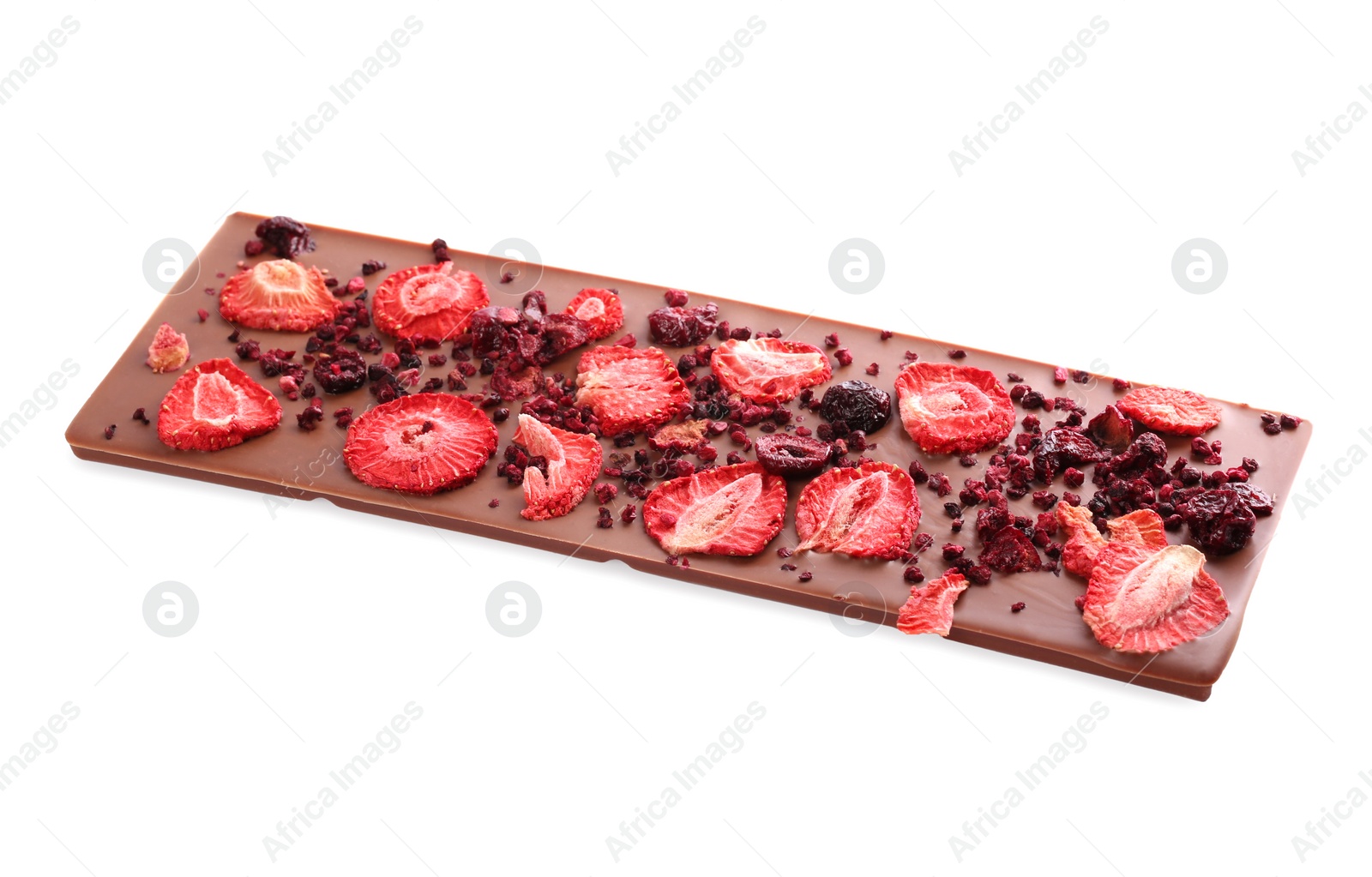 Photo of Chocolate bar with freeze dried berries isolated on white