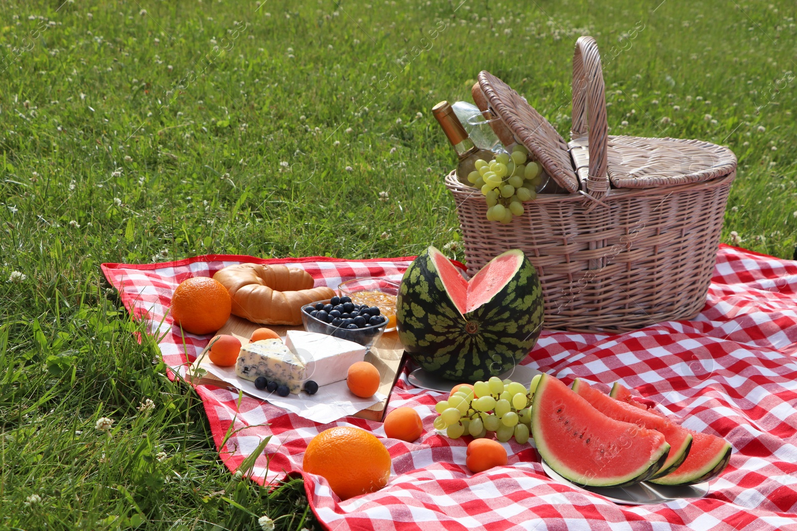 Photo of Picnic blanket with delicious food and wine outdoors on summer day