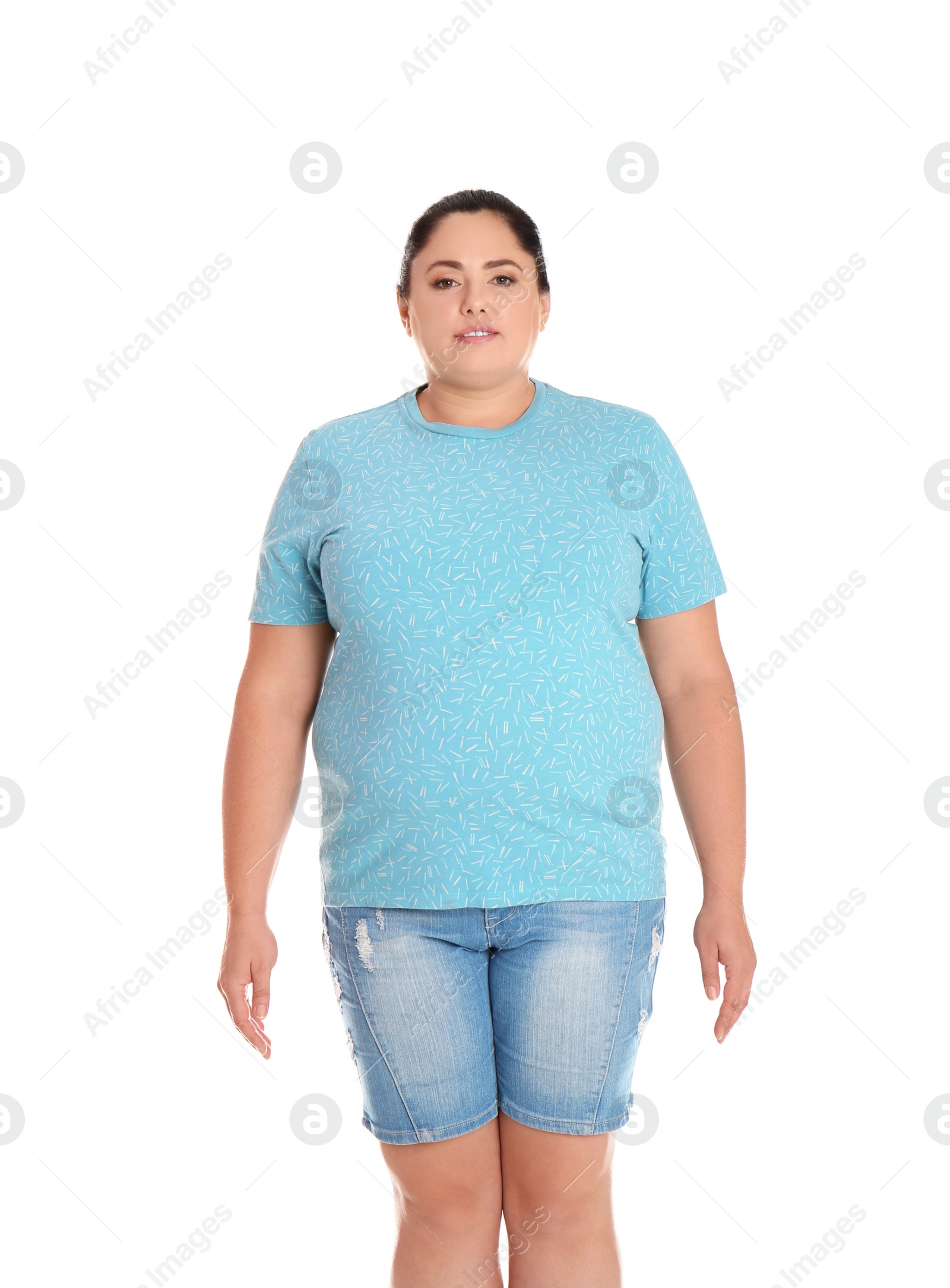 Photo of Fat woman on white background. Weight loss