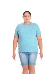 Fat woman on white background. Weight loss