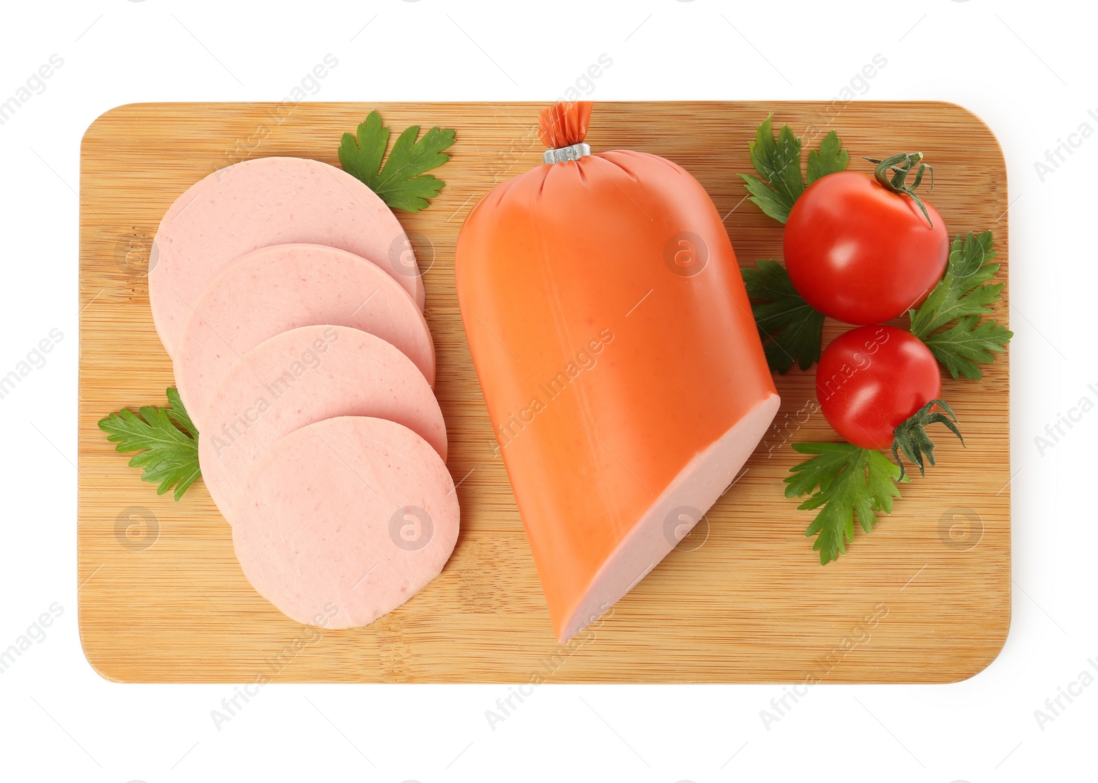 Photo of Tasty boiled sausage with tomatoes and parsley on white background, top view