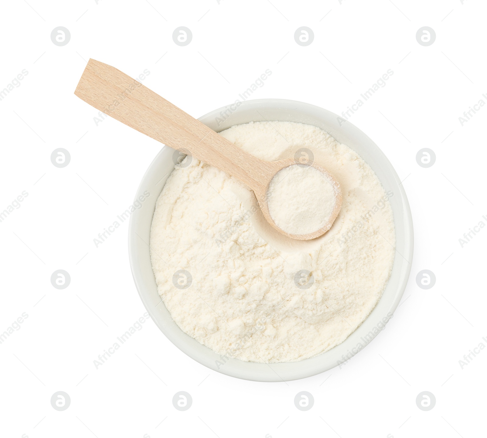 Photo of Baking powder in bowl and spoon isolated on white, top view