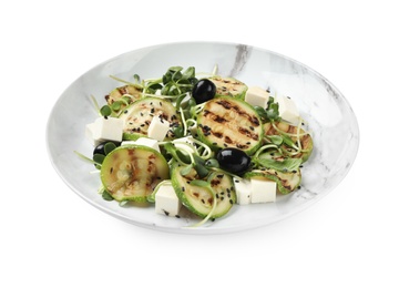 Photo of Delicious salad with grilled zucchini slices, feta cheese and olives on white background