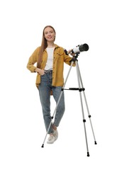 Happy astronomer with telescope on white background