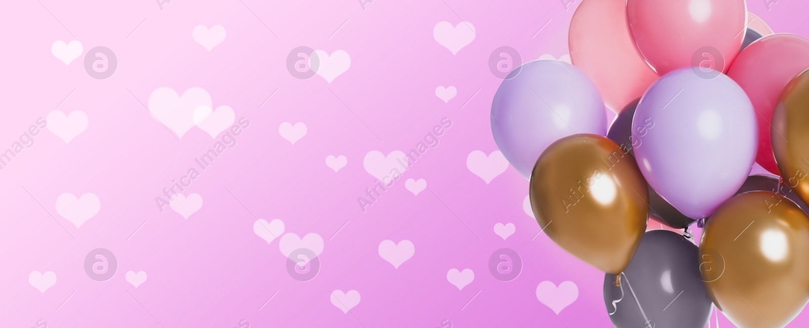 Image of Bright balloons on color background with hearts, space for text. Banner design