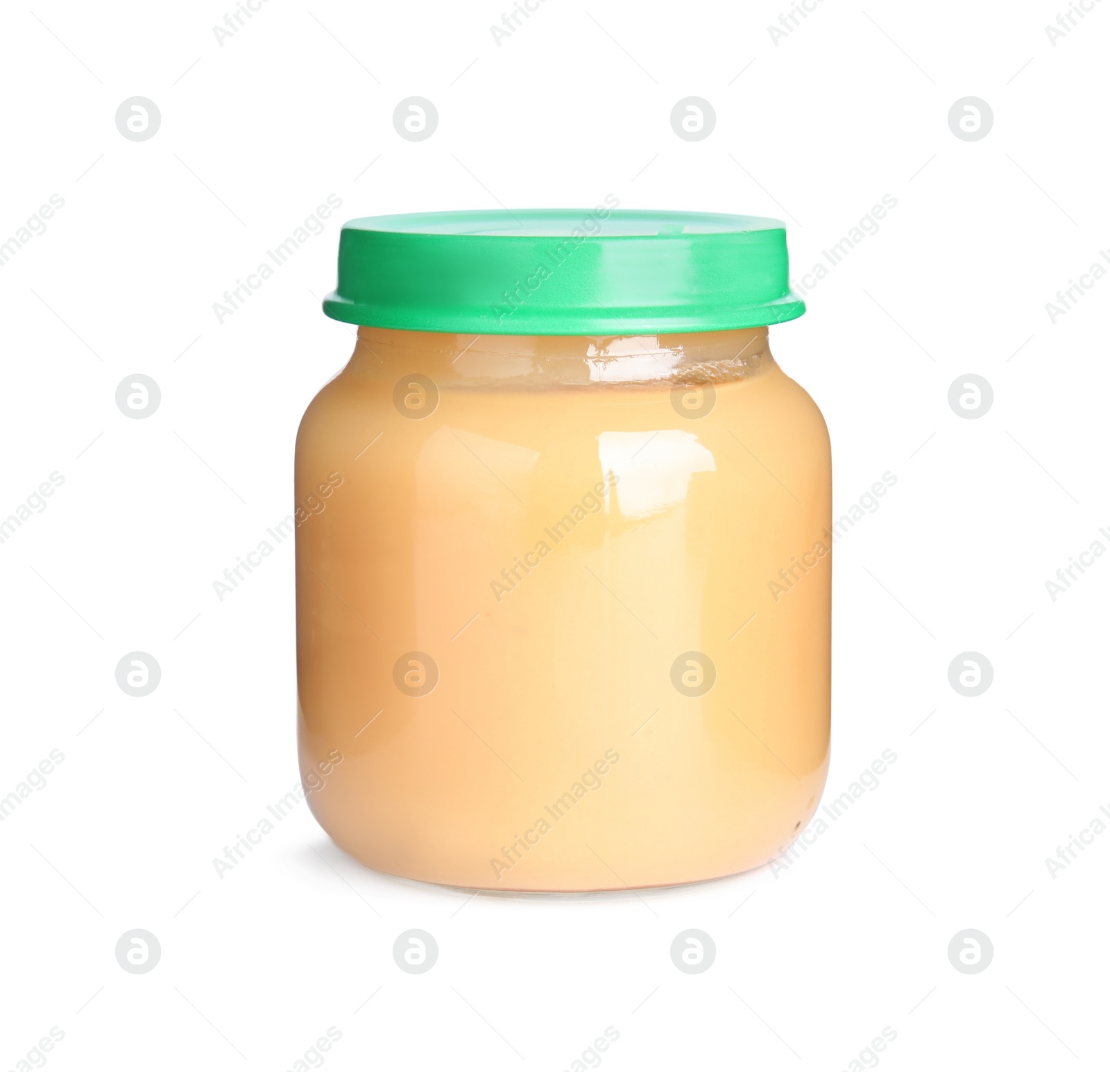 Photo of Jar with baby food isolated on white