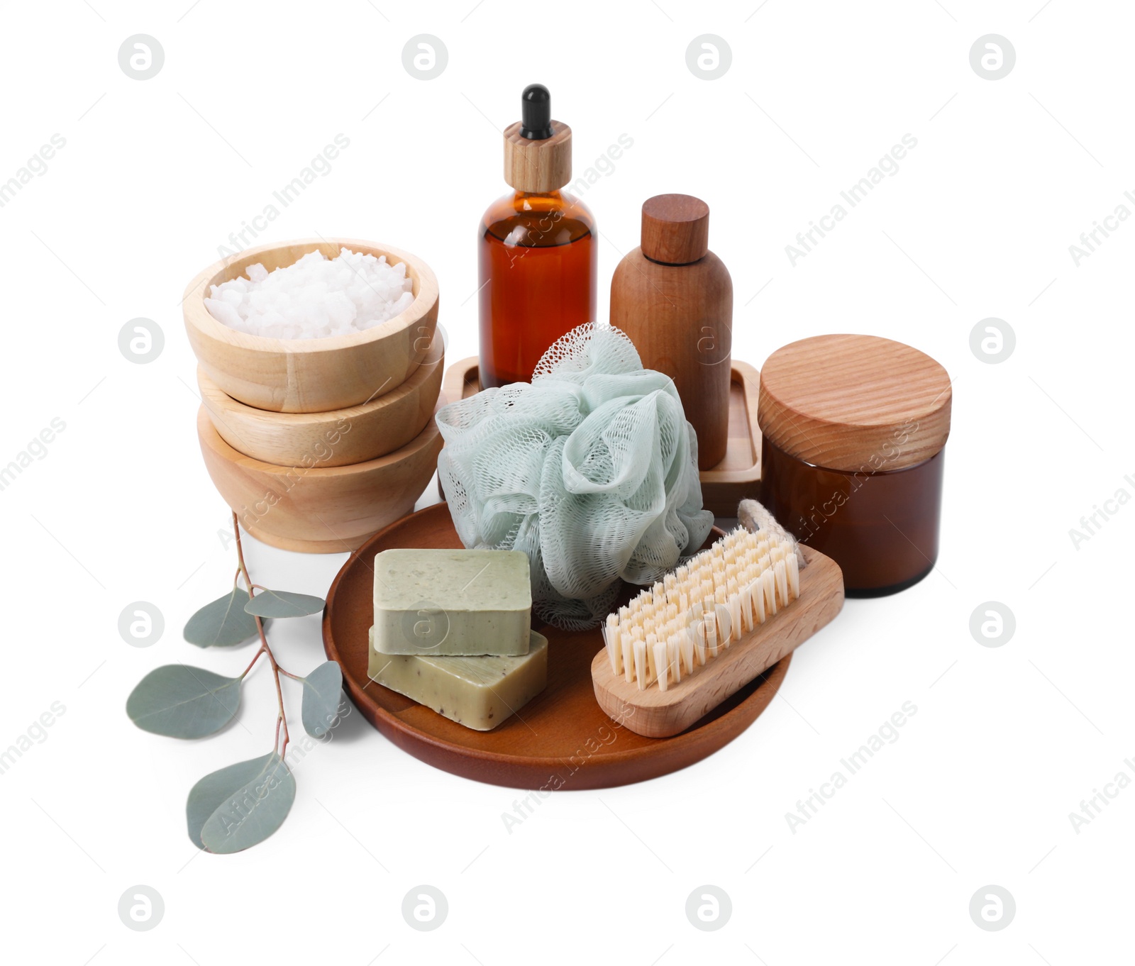 Photo of Different spa supplies and floral decor isolated on white