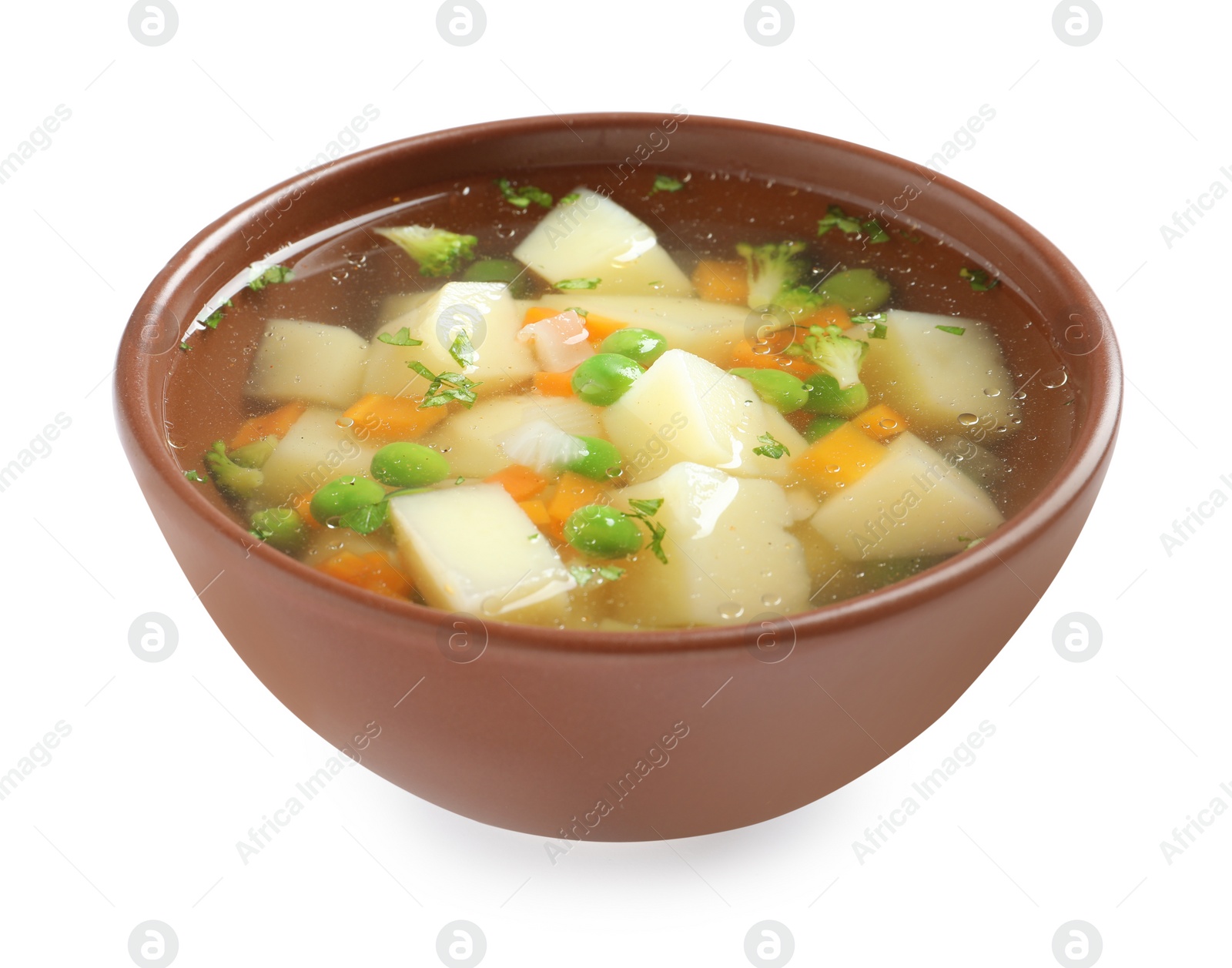 Photo of Bowl of fresh homemade vegetable soup on white background