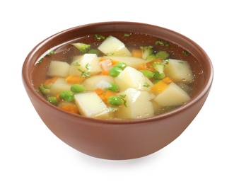 Bowl of fresh homemade vegetable soup on white background