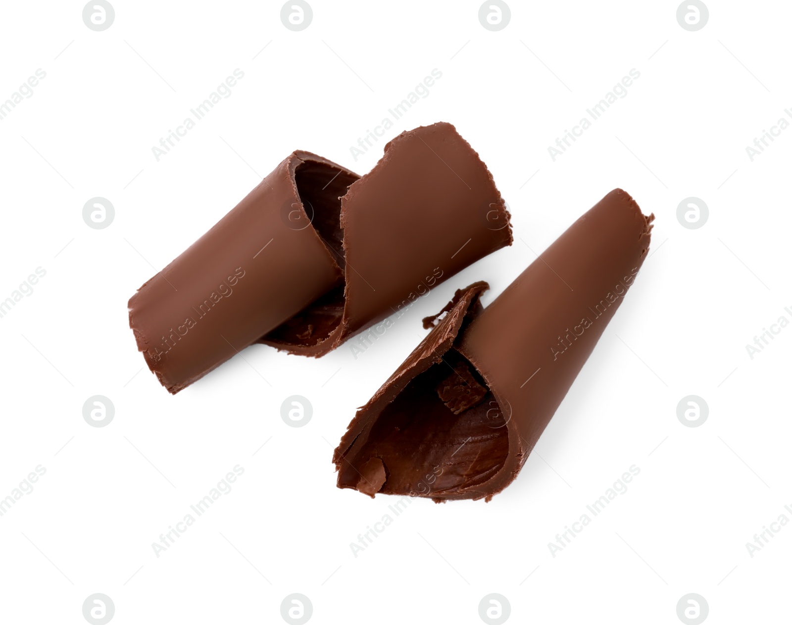 Photo of Two chocolate shavings isolated on white, top view