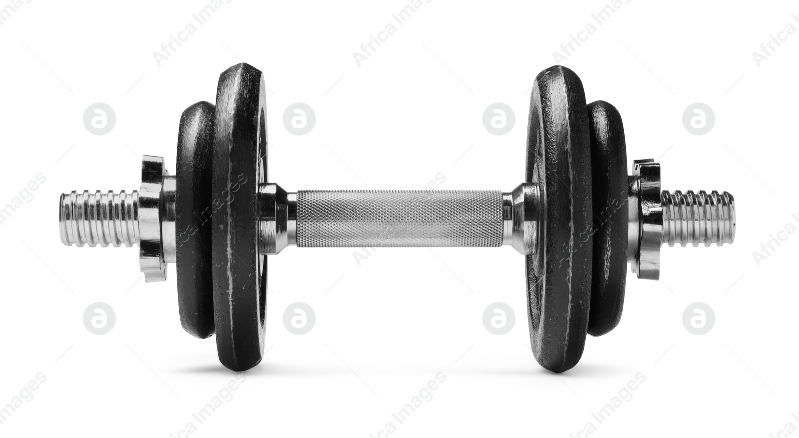 Photo of Metal dumbbell isolated on white. Sports equipment