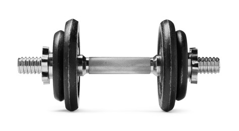 Photo of Metal dumbbell isolated on white. Sports equipment