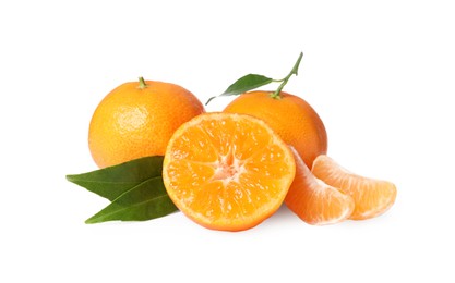 Photo of Fresh ripe juicy tangerines with green leaves isolated on white