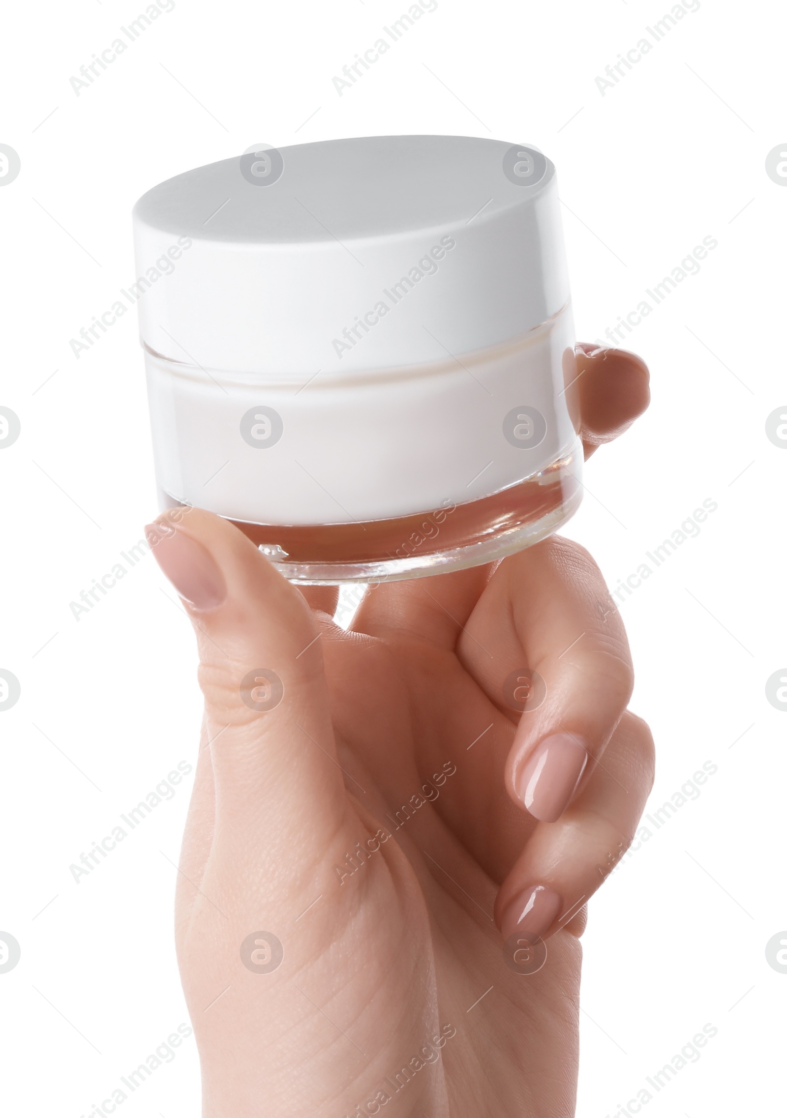 Photo of Woman with jar of cream isolated on white, closeup