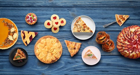 Image of Flat lay composition with different delicious pies on blue wooden table. Banner design