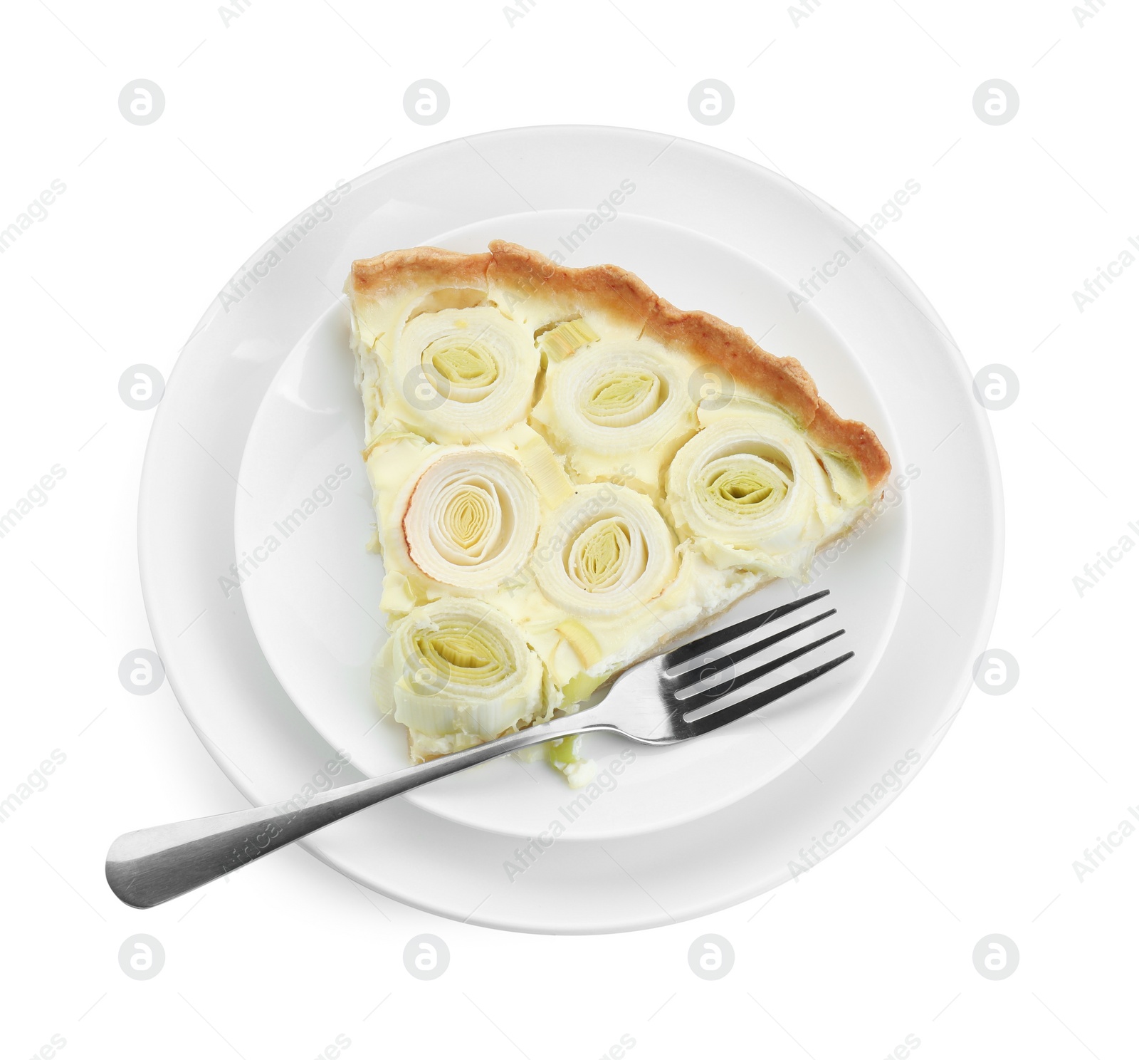 Photo of Plates with piece of tasty leek pie and fork isolated on white, top view
