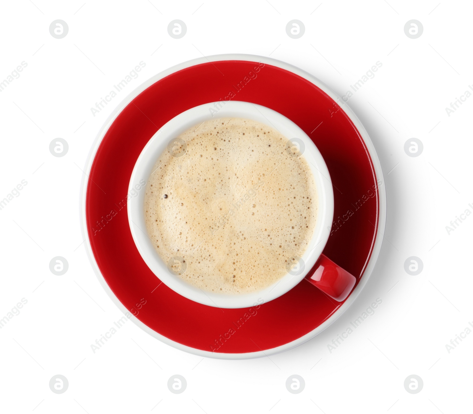 Photo of Tasty coffee with foam in cup isolated on white, top view