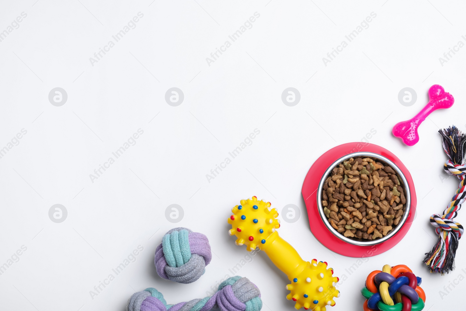 Photo of Different pet toys and feeding bowl on white background, top view. Space for text