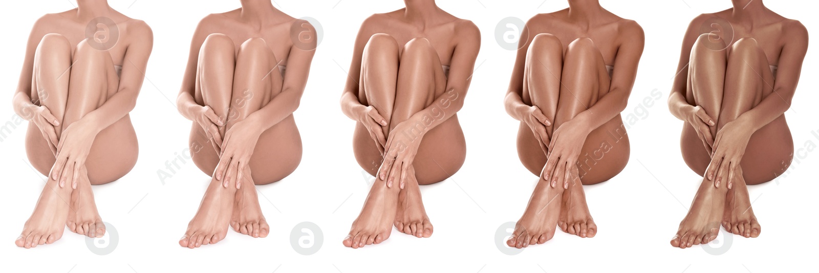 Image of Woman with beautiful legs on white background, closeup. Collage of photos showing stages of suntanning