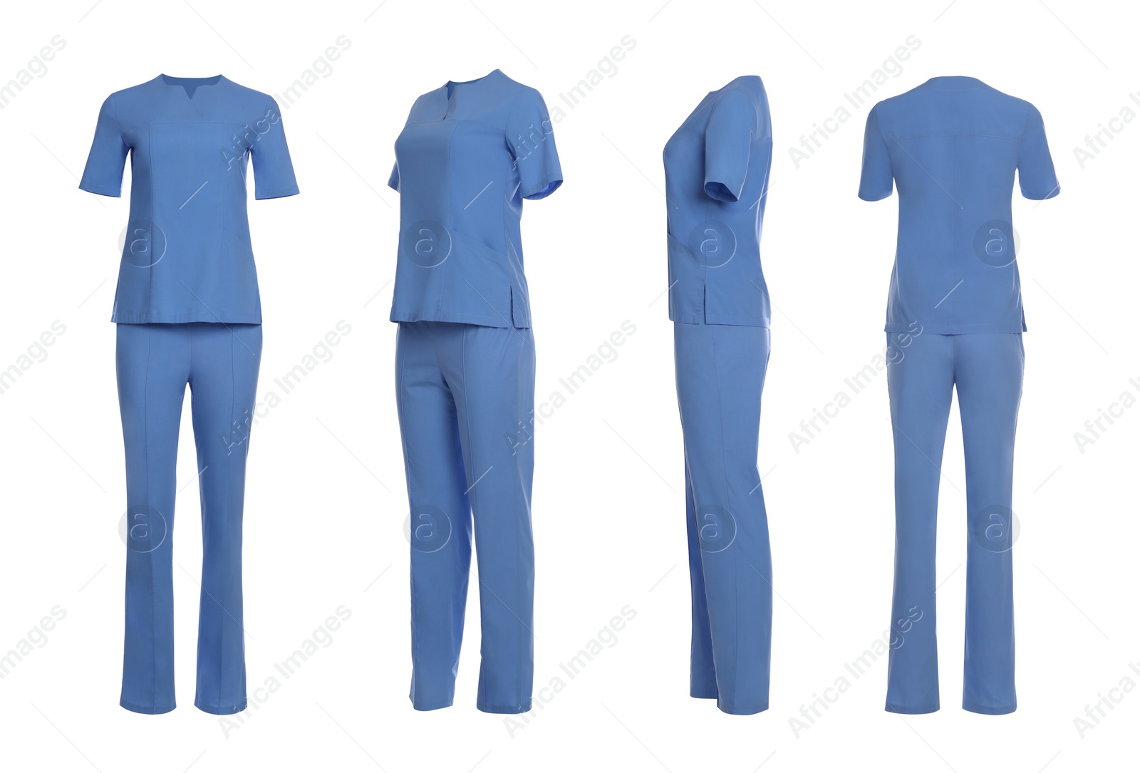 Image of Blue medical uniform isolated on white, collage with back, side and front views