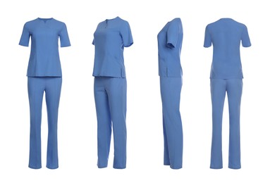 Image of Blue medical uniform isolated on white, collage with back, side and front views