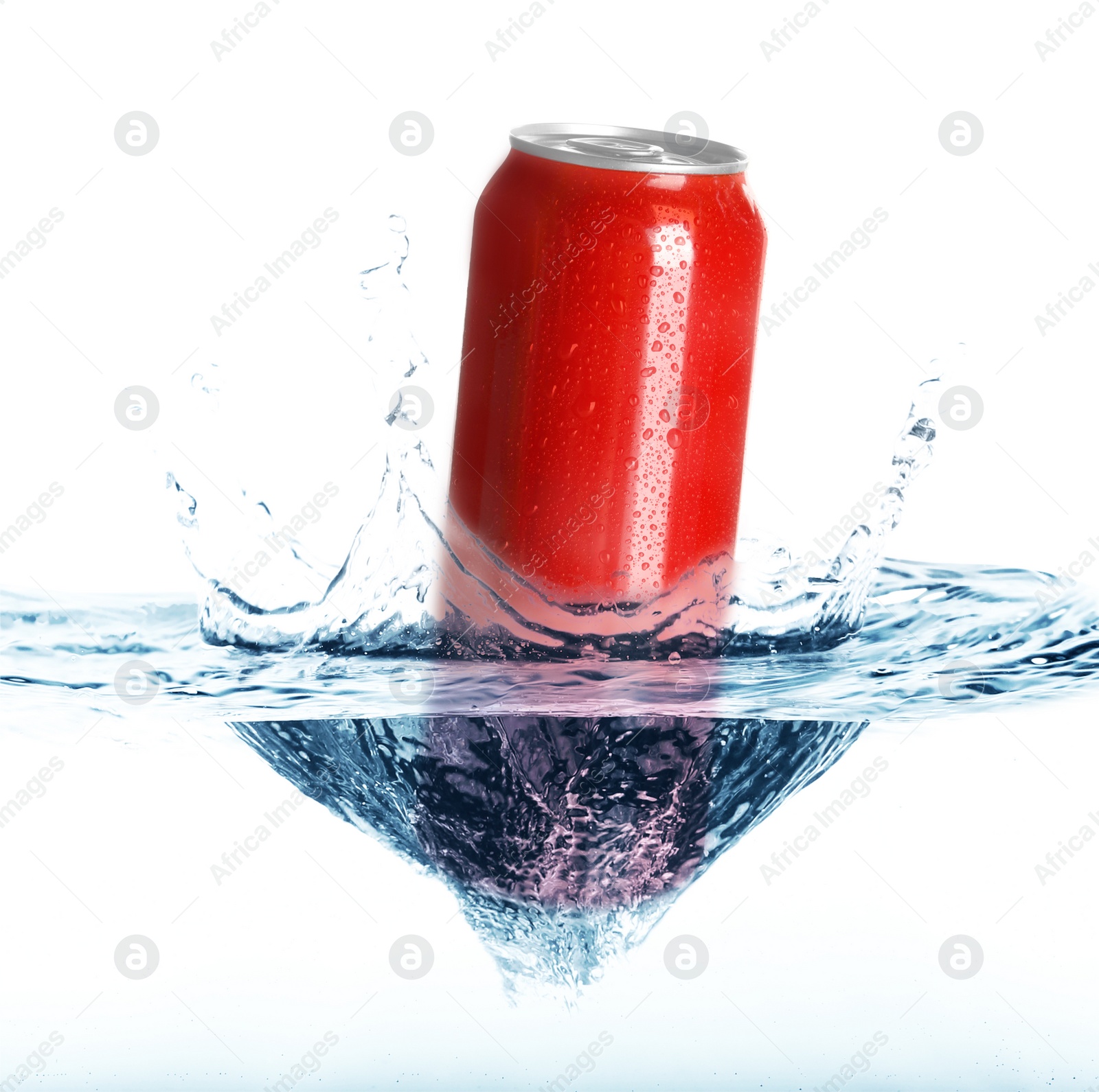 Image of Red aluminum can with splash of water on white background