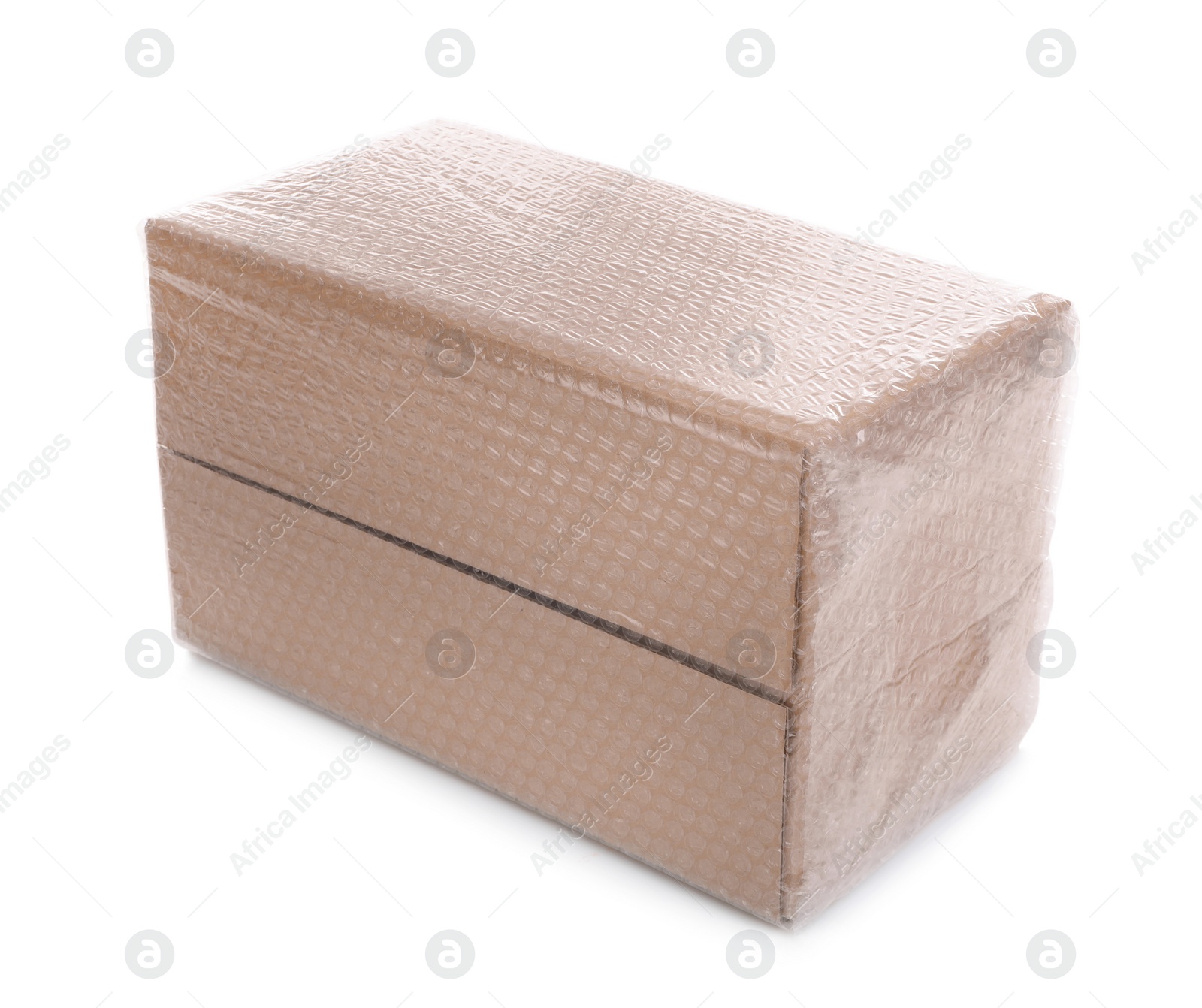 Photo of Cardboard box packed in bubble wrap isolated on white