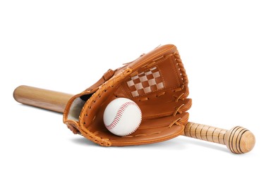 Photo of Wooden baseball bat, ball and glove isolated on white