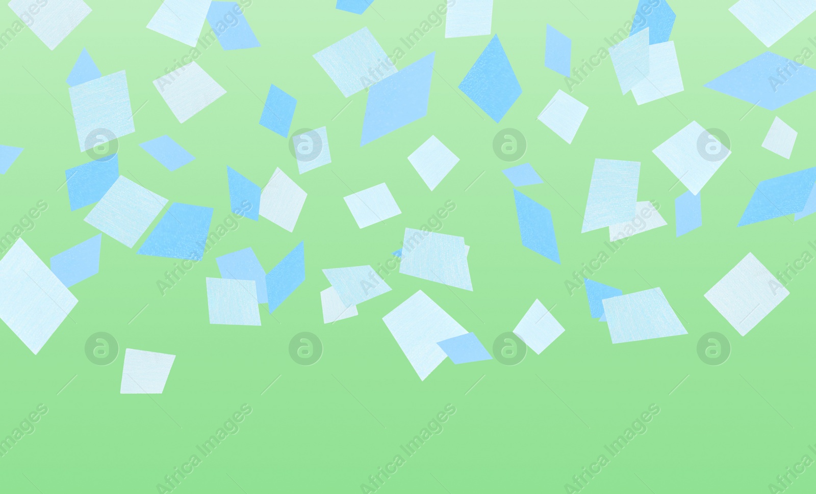 Image of Bright confetti falling on light green background. Banner design