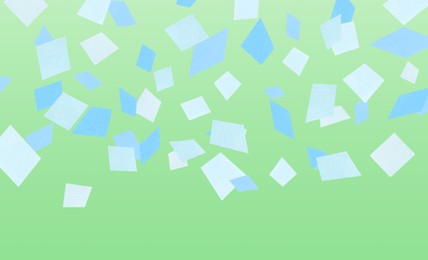 Image of Bright confetti falling on light green background. Banner design