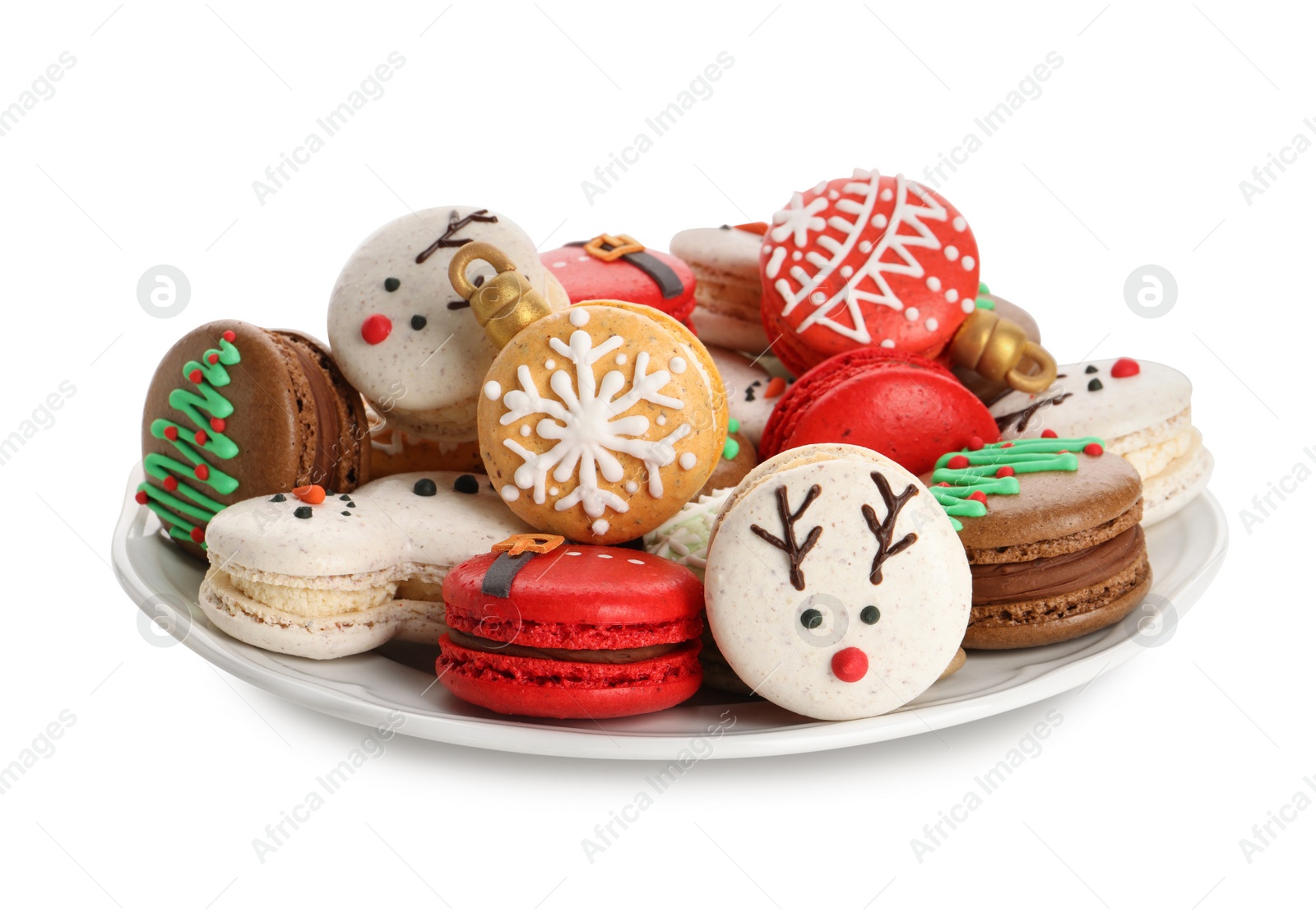 Photo of Beautifully decorated Christmas macarons on white background