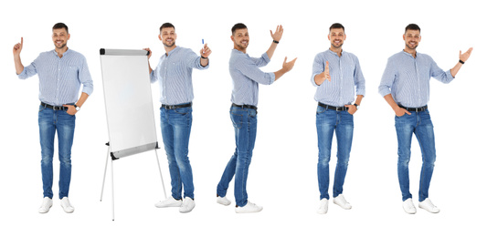 Image of Collage with photos of business trainer on white background, banner design 