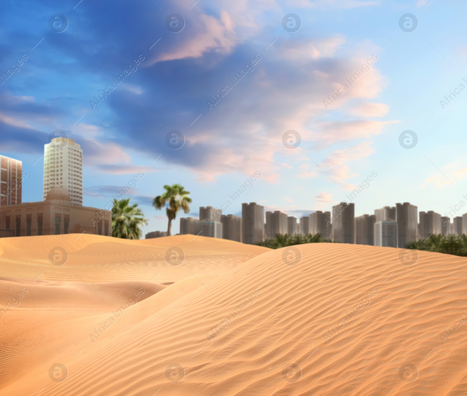 Image of Sandy desert and beautiful view of city on horizon 