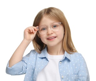 Photo of Little girl with glasses on white background