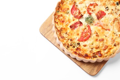 Photo of Tasty quiche with tomatoes and cheese on white background, top view. Space for text