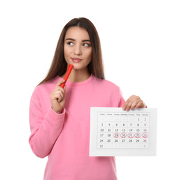 Photo of Young woman holding calendar with marked menstrual cycle days isolated on white