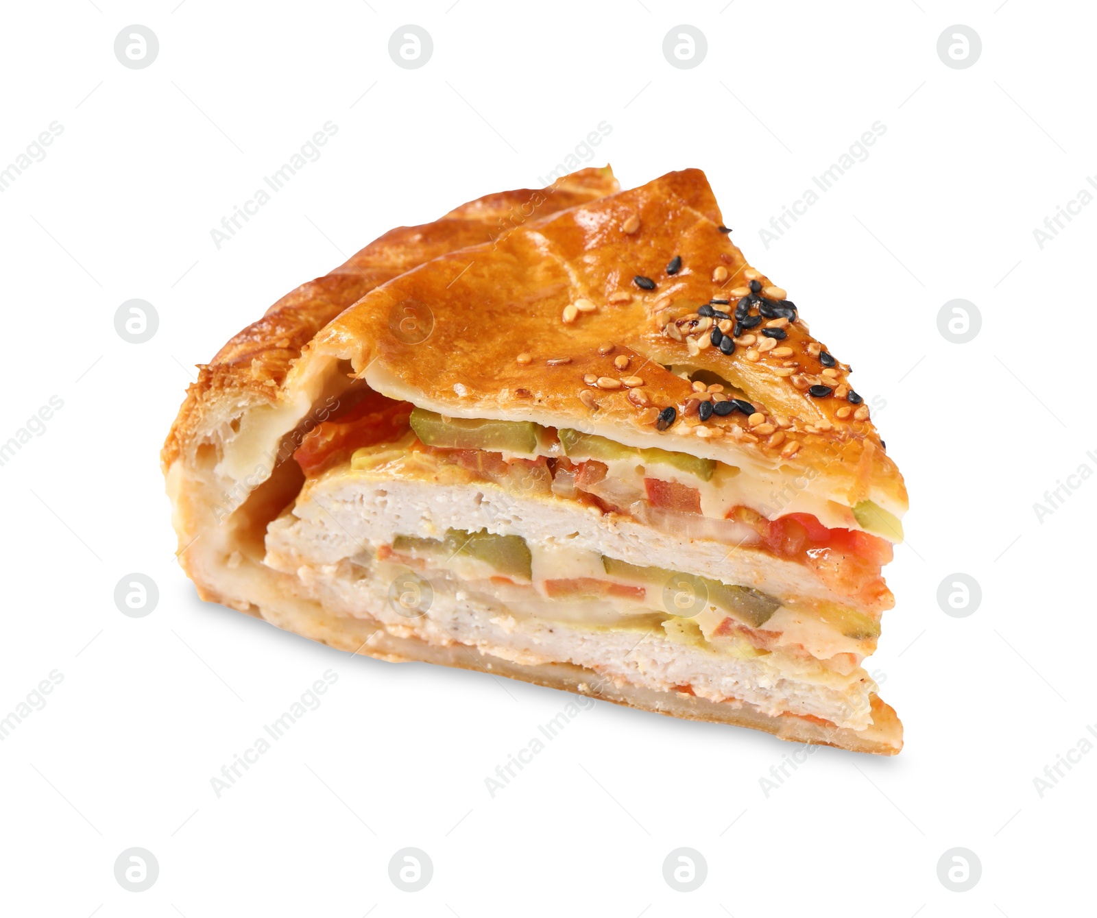 Photo of Piece of tasty homemade pie with filling isolated on white