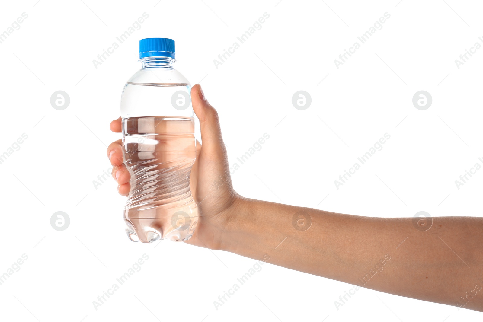 Photo of Woman holding plastic bottle with water on white background