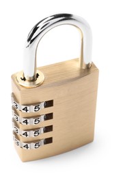 Photo of Locked steel combination padlock isolated on white
