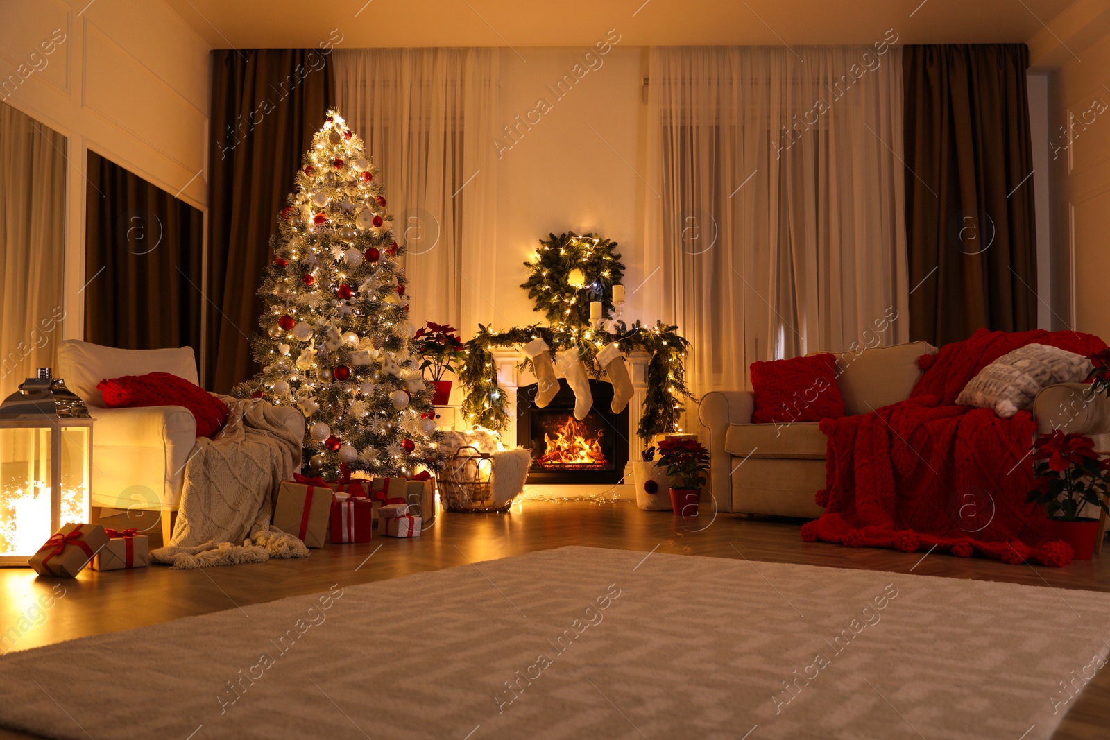 Photo of Living room with Christmas decorations. Interior design