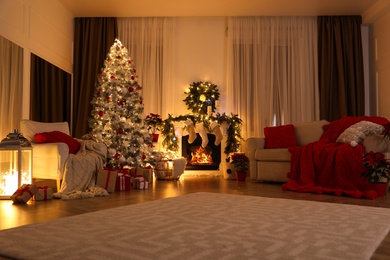 Living room with Christmas decorations. Interior design