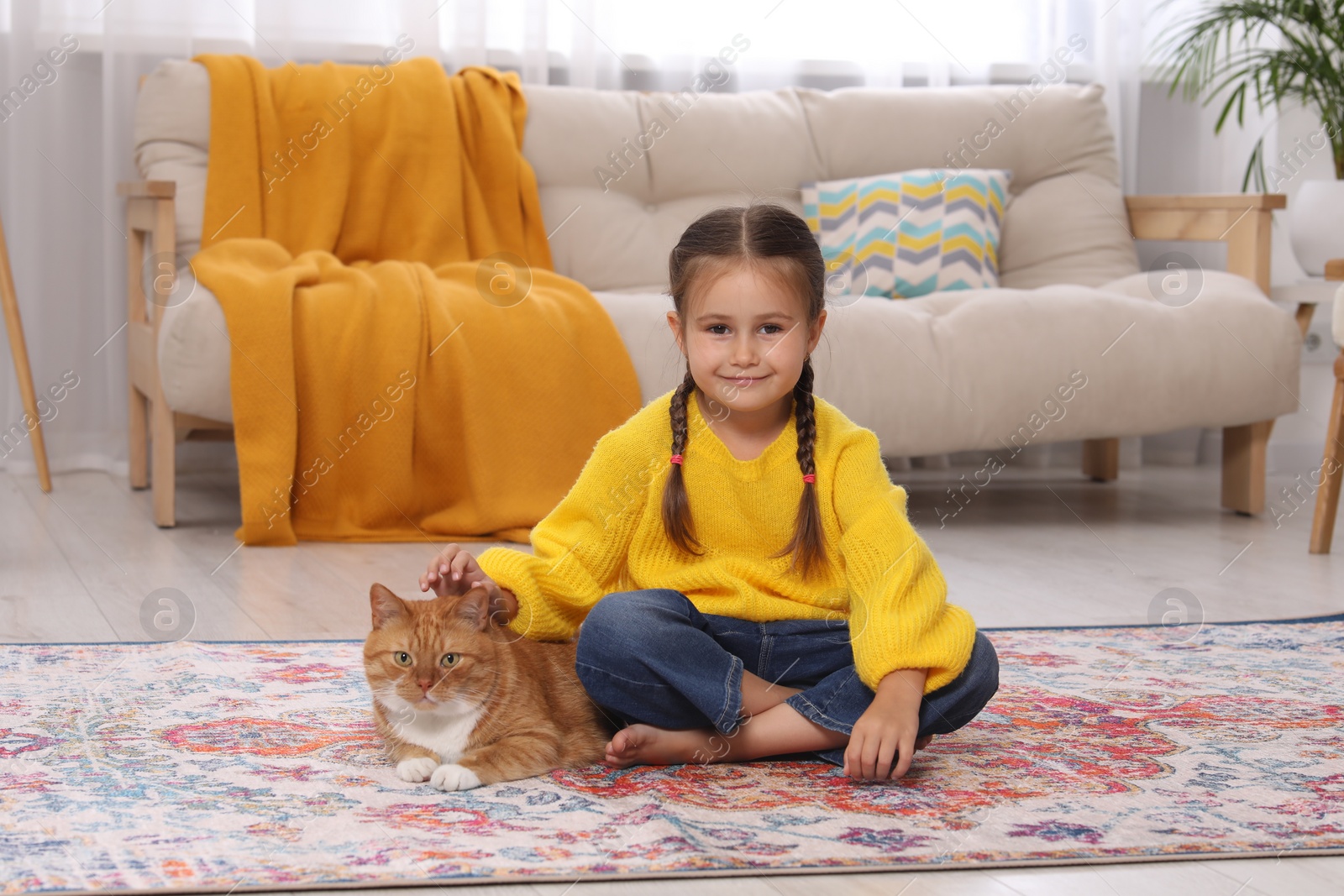 Photo of Smiling little girl petting cute ginger cat on carpet at home