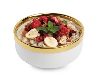 Photo of Delicious oatmeal with freeze dried berries, banana, nuts and mint on white background