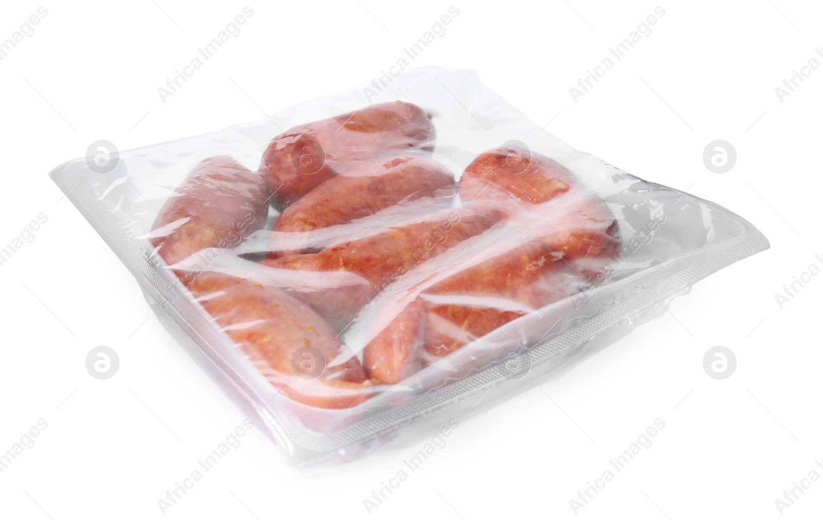 Photo of Tasty sausages on white background. Meat product