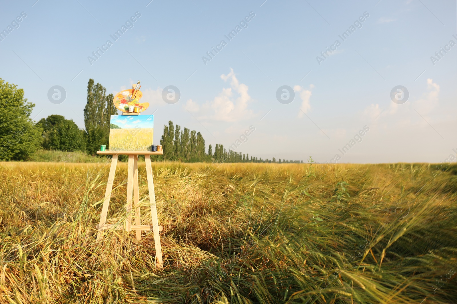 Photo of Wooden easel with beautiful picture and painting equipment in field. Space for text