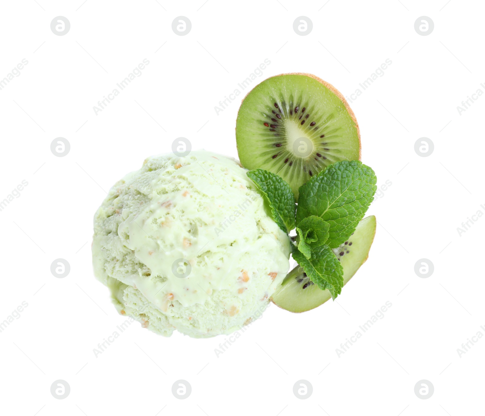 Photo of Scoop of delicious ice cream with kiwi fruits and mint on white background, top view