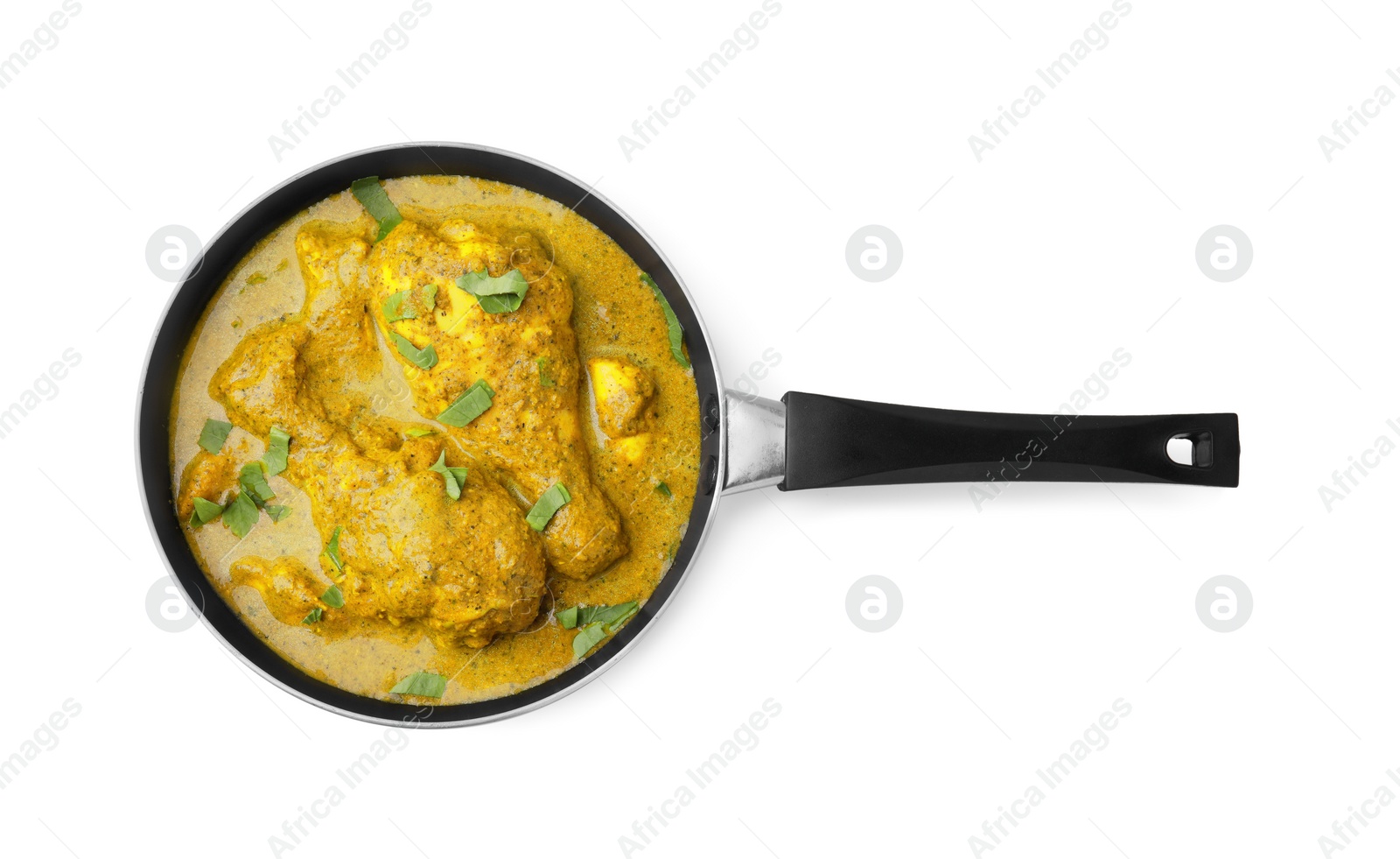 Photo of Delicious chicken with curry sauce and basil isolated on white, top view