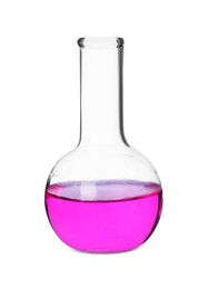 Photo of Glass flask with bright pink liquid isolated on white