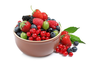 Photo of Mix of different fresh berries in bowl on white background