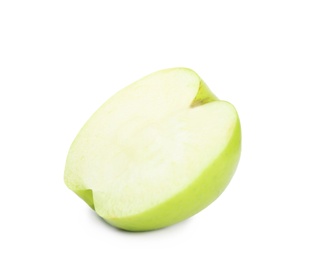 Photo of Half of fresh green apple on white background